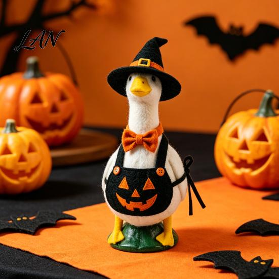 Fall Porch Ornament Halloween Mini Desk Goose Statue, Cute Small Figurine with Stable Base Statue Pumpkin Apron And Wizard Hat for Home Office