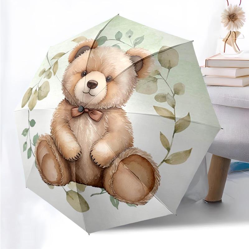 Cute Bear Pattern Folding Umbrella Fashion Auto-Open 8 Iron Ribs Plastic Handle Foldable Sunshade Perfect Christmas Gifts