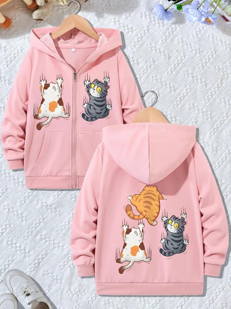 Giacca con zip e cappuccio per bambina, con simpatico gatto cartone animato che graffia, manica lunga, felpa casual per bambini per l'uso quotidiano, da strada, all'aperto