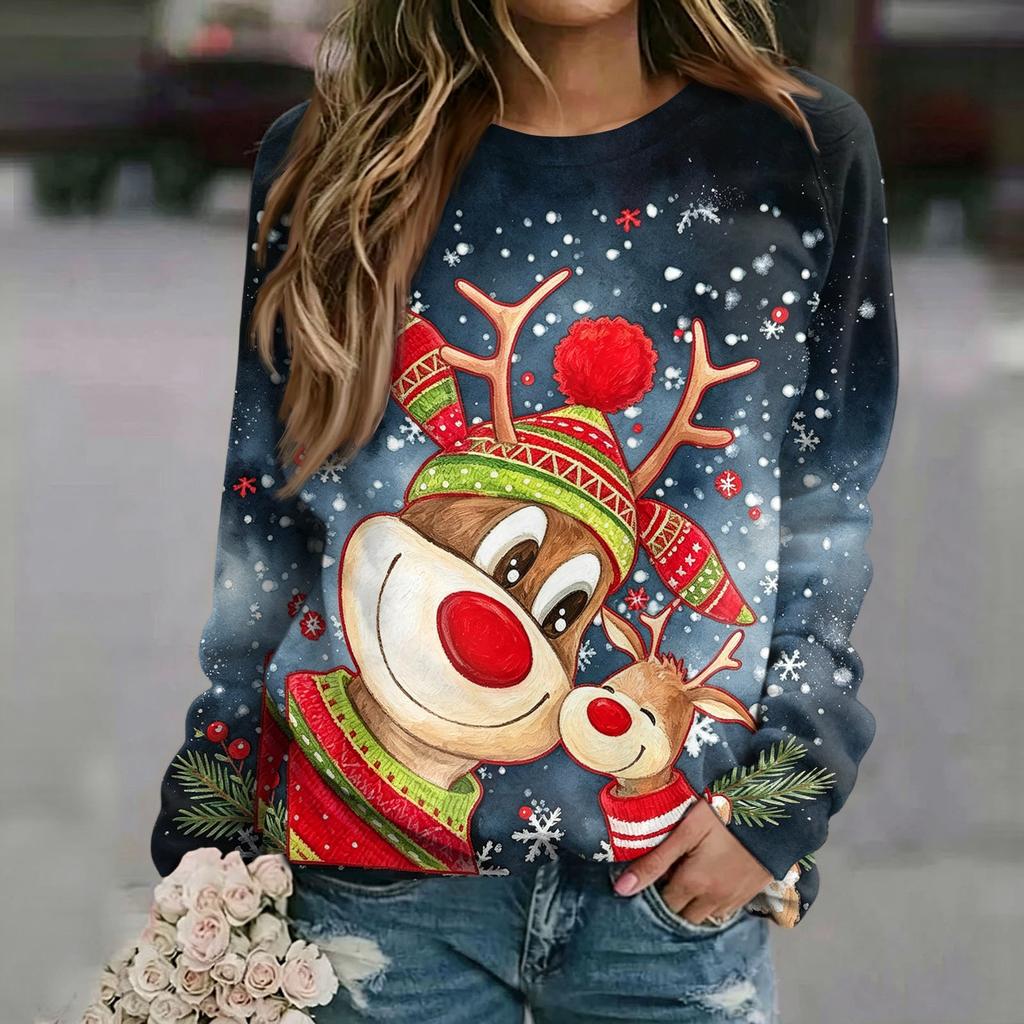 Women's Casual Christmas Print Neck Raglan Long Sleeve Pullover Sweatshirt