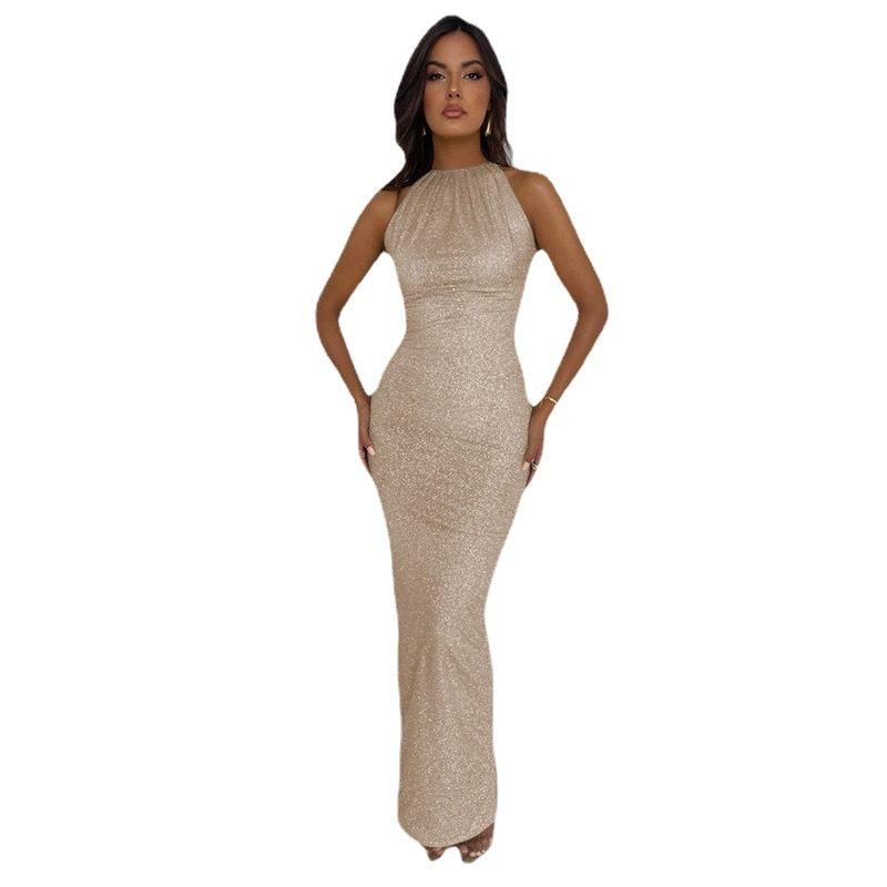Damen Herbst Ärmelloses Schlitz Langes Kleid - Sexy Neckholder Bodycon Abendkleid mit Taillierung für Büro oder Party