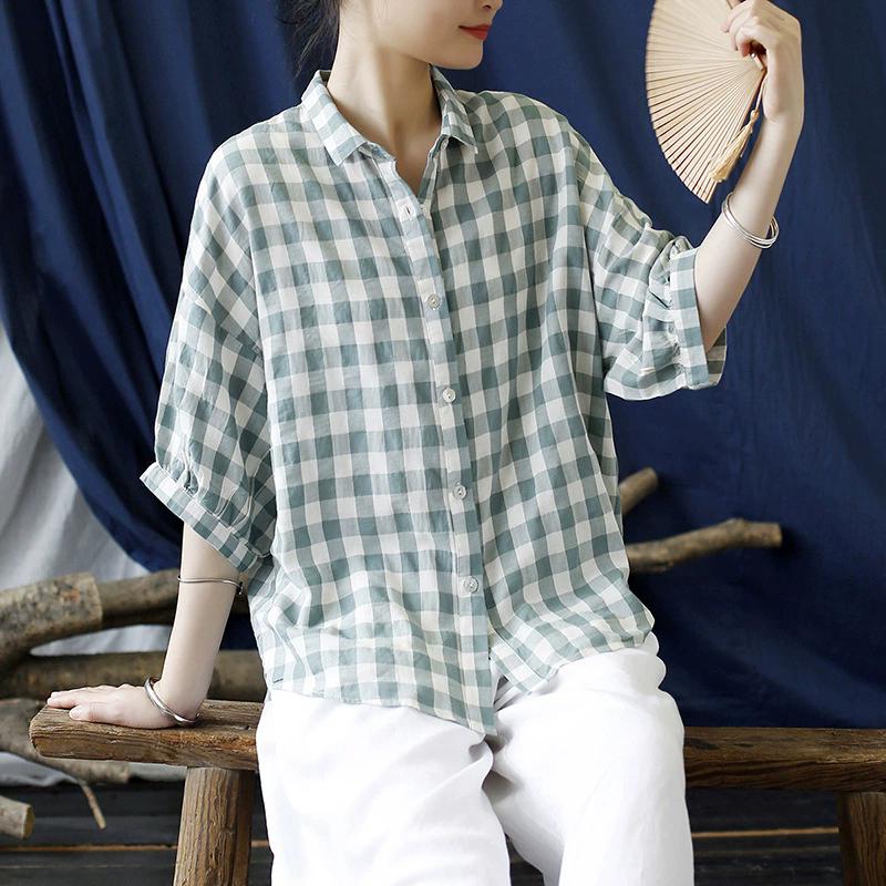 Johnature Women Plaid Shirts Tops Casual Half Sleeve Turn-down Collar Blouses Autumn Loose Shirts