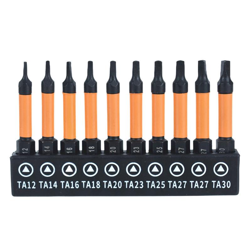 10-Piece Yellow-Phosphated Triangular Screwdriver Bit Set with 1/4" Hex Shank (TA12-30)
