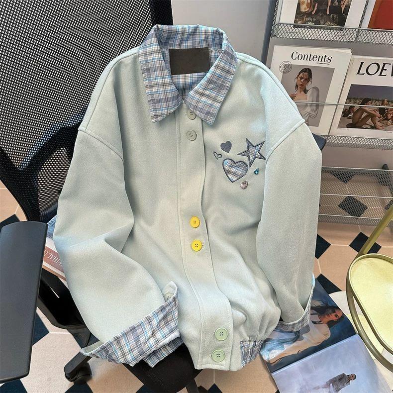 Star Contrasting Women's Hoodie Plaid Lapel Colored Button Sweatshirt Jacket Korean Casual Female Loose Long Sleeved Top