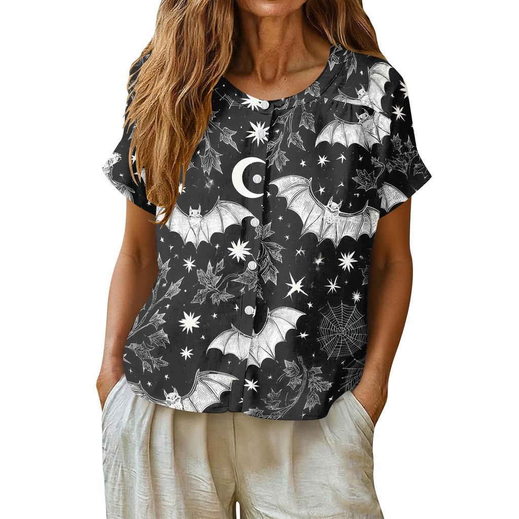 Women's Fashion Henley Neck Single Breasted Shirt Halloween Themed Print Short Sleeve Casual Top for Daily Wear