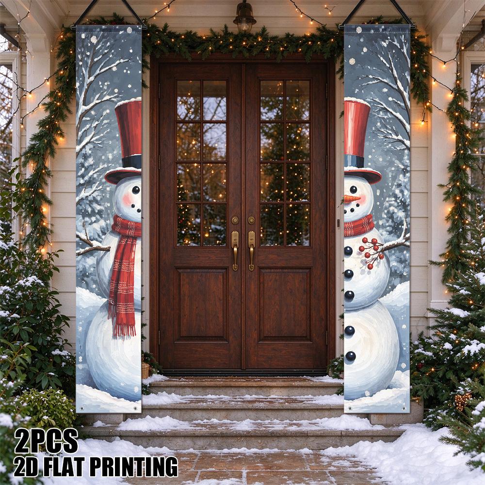 2D Flat, 2D Flat - 2D Flat, 2D Flat - 2D Flat Printing 2pcs Christmas Snowman Winter Scene Ornate Christmas-Themed Couplets, Suitable for Welcoming Pi