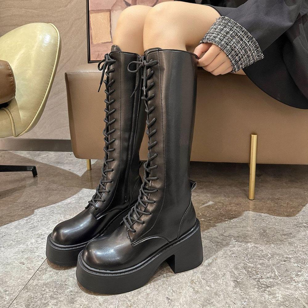 Fashion Thick Bottom Heightening Knee High Boot Women Autumn Lace Up Chunky Heeled Ladies Black Knight Botas Fashion Side Zip Long Boots