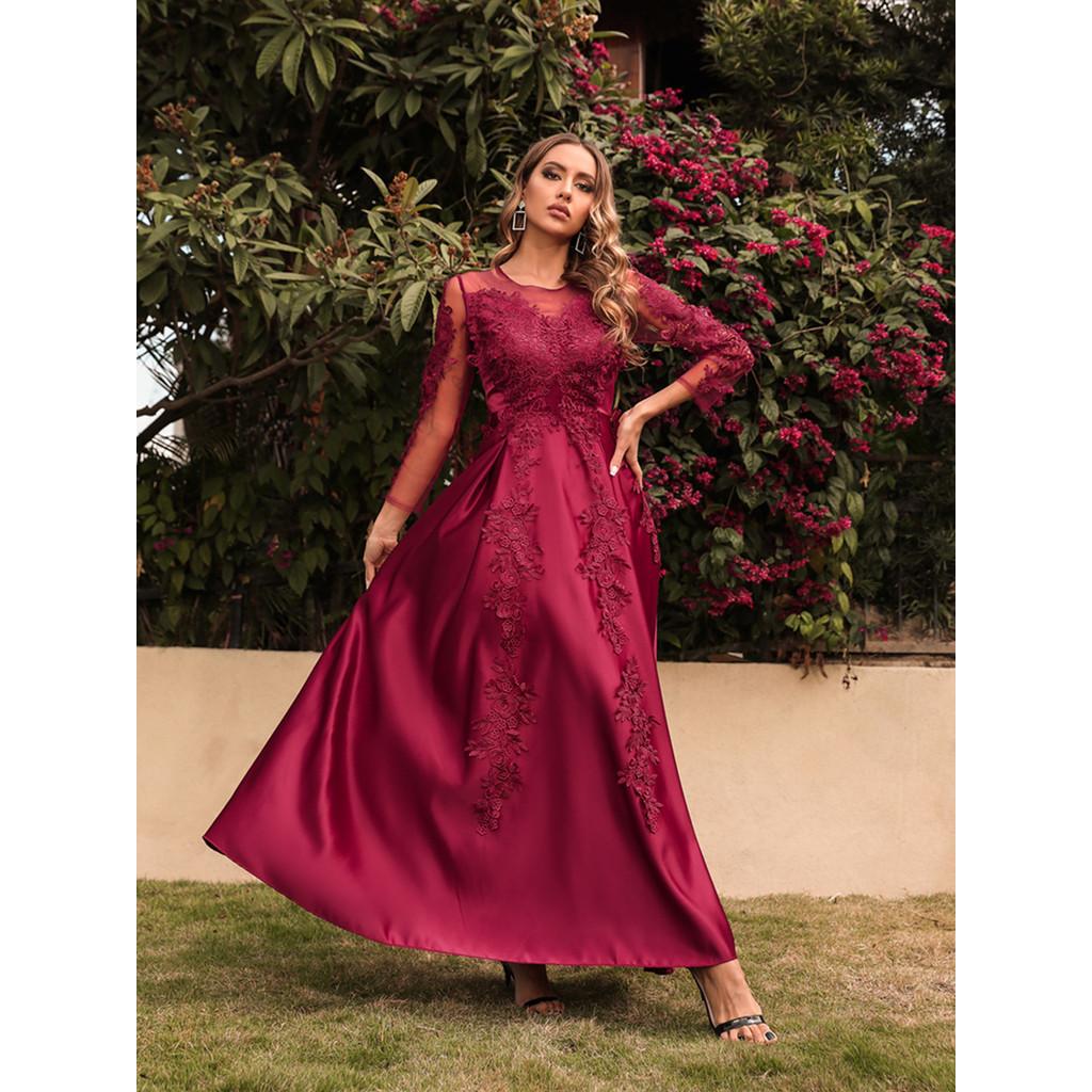 Damen Elegantes Rundhals-Spitzen-Falten-Langarm-Braut-Brautjungfern-Hochzeits-Langkleid Wunderschönes Party-Maxi-Ballkleid