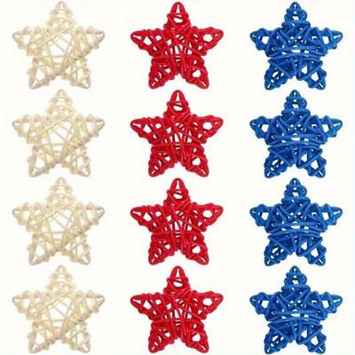 Patriotic 3D Woven Rattan Star Ornaments-Festive Independence Day Home&Kitchen Decor-No Feather,No Power Needed,Assorted Colors