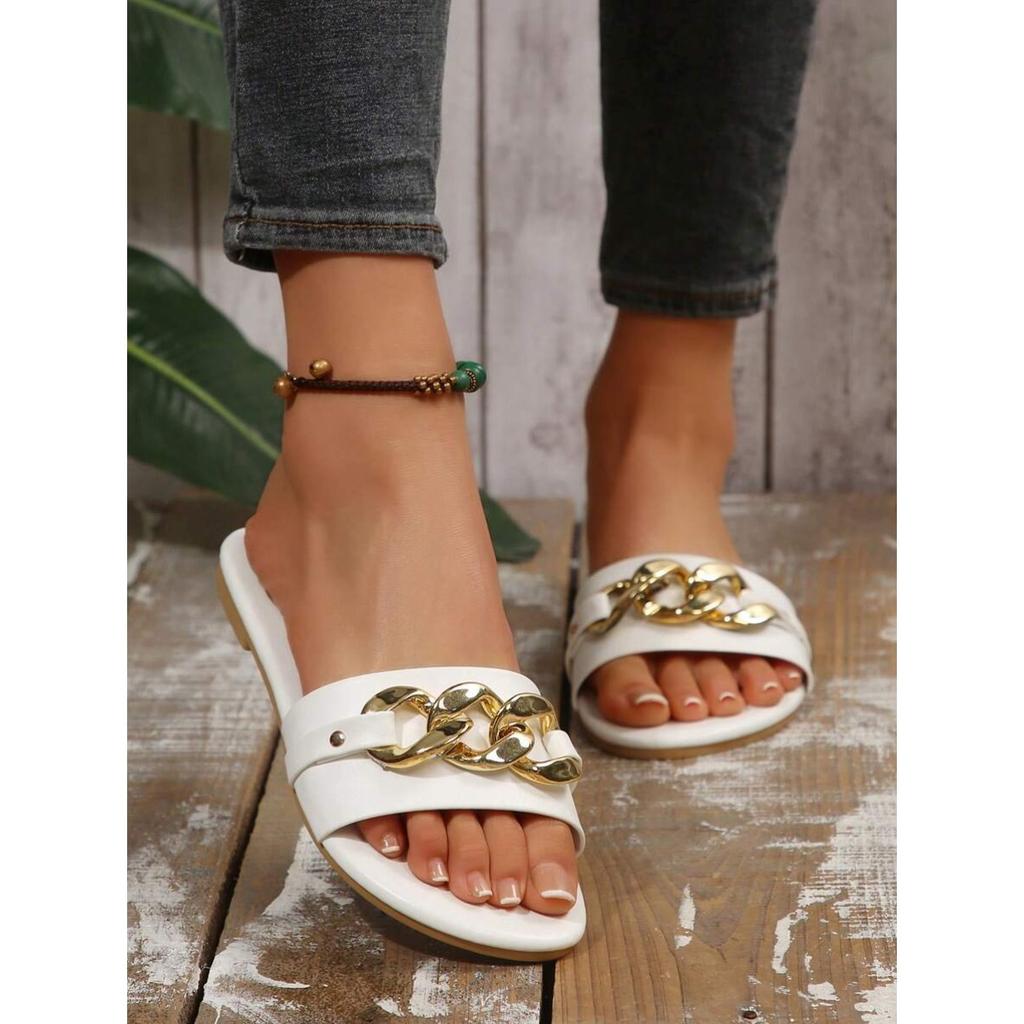 Women's Shoes, Fashionable Slippers for Ladies, Solid-colored Metal Decorations, Square-toed Flat Shoes, Comfortable Solid-colored Simple Slippers