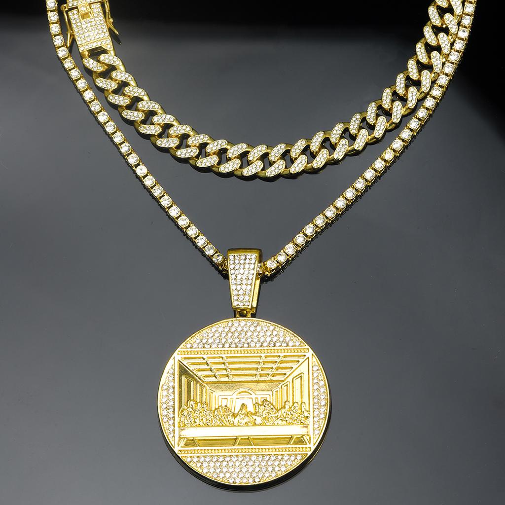 Hip Hop Punk Letztes Abendmahl Medaillon Anhänger Halskette Set Männer Frauen Stilvoller Anhänger+Kubanische Kette+Tennis Kette 3-in-1 Set Schmuck Geschenk