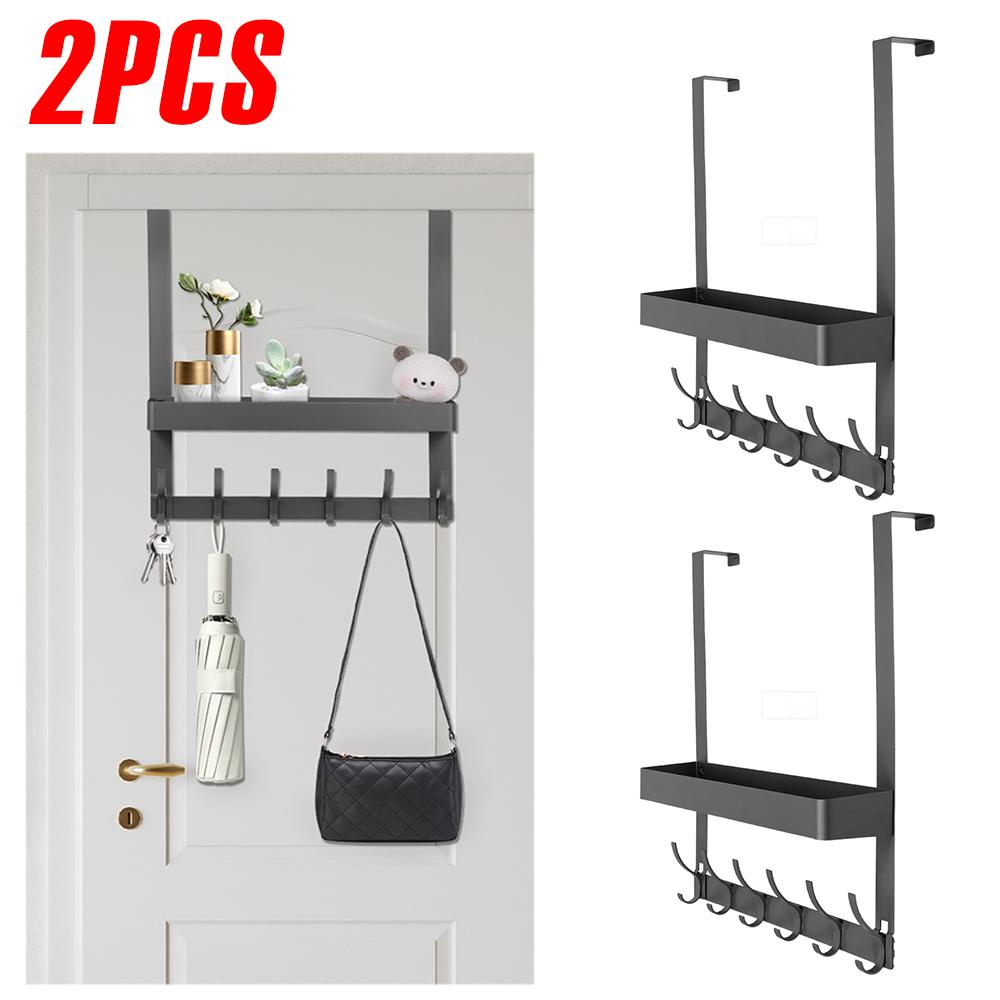 2Pcs Over the Door Organizer with 6 Hooks Aluminum No Drill Storage Rack Multi Purpose Clothes Hanger for Wallet Key Towel Coats
