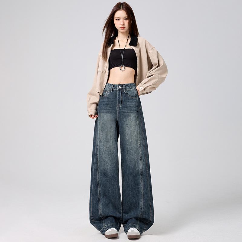 Retro Scimitar Wide-leg Jeans Women's New Versatile American Splicing Design Sense High Waist Loose Straight Pants