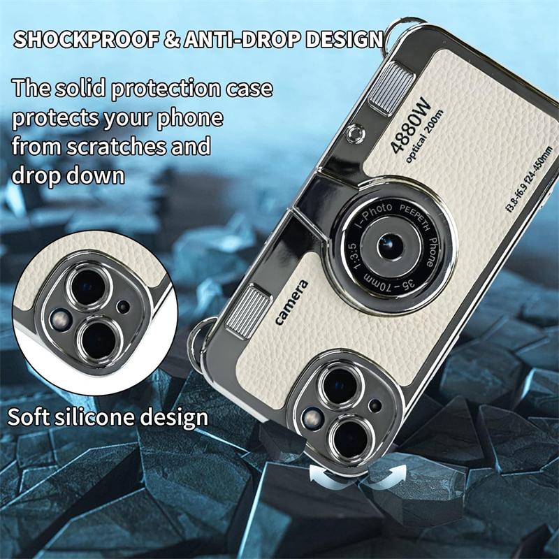 3D Vintage Camera Phone Case with Hand Strap for IPhone Air 17 16 15 14 13 12 Pro Max Plus 17Pro Shockproof Phone Leather Cover