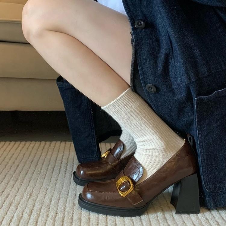 Retro square head thick heel one pedal loafers autumn 2025 new high-heeled small leather shoes women's British style shoes