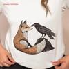 Fox Crow Illustration T Shirt Unique Animal Design Novelty Forest Friends Nature Inspired Top Woodland Vintage Washed Soft