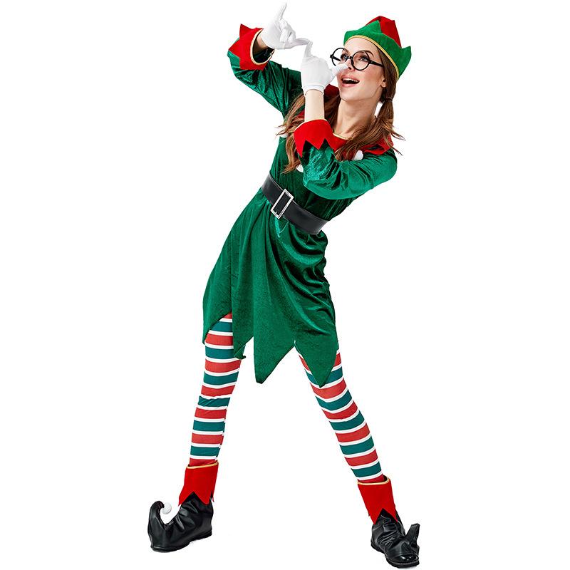 Adult Women Christmas Xmas Green Elf Top Stripe Pants Belt Hat Gloves Set Halloween Role Play Dress Up Cosplay Costume