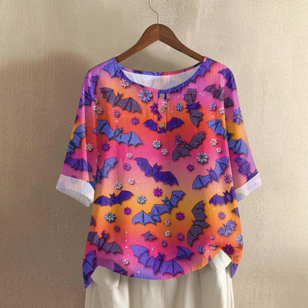 Damska codzienna bluzka z bawełny i lnu z nadrukiem Halloween z okrągłym dekoltem i rękawem 3/4