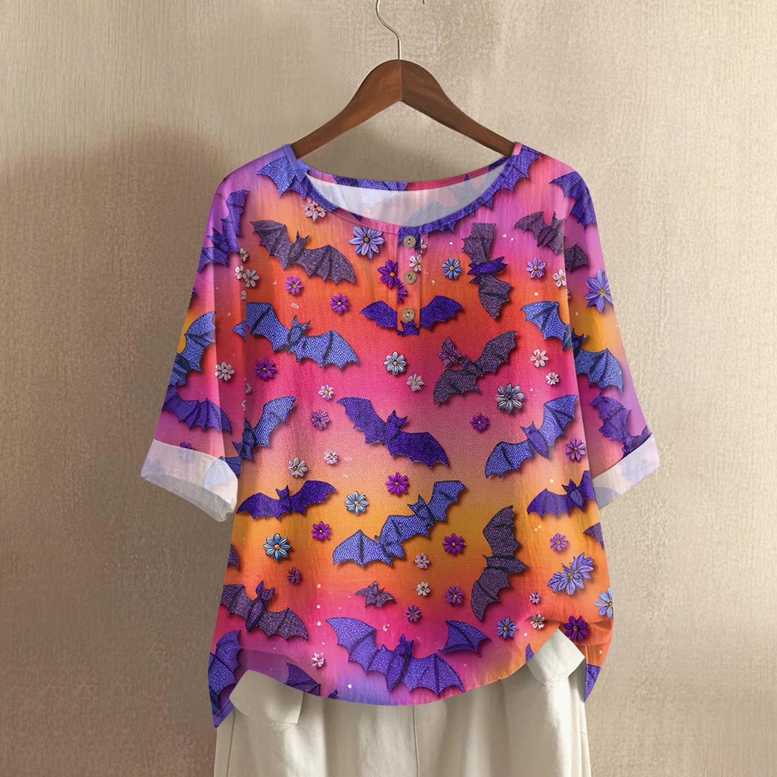 

Женский повседневный топ с рукавами средней длины, круглым вырезом, с принтом на Хэллоуин, из хлопка и льна XL фиолетовый