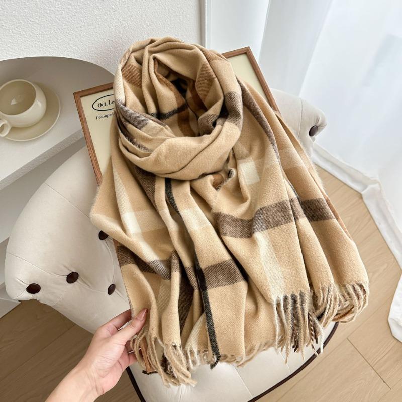 Thickened plaid scarf autumn and winter imitation cashmere women's scarf warm color matching striped tassel send girlfriend shawl