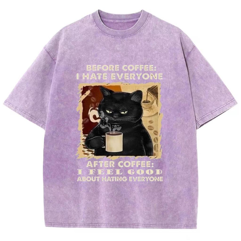 Schwarzes Glückskatze Kaffeetrinken Print Unisex T-Shirt Locker Übergröße Oversized Kurzarm American Vintage Stree