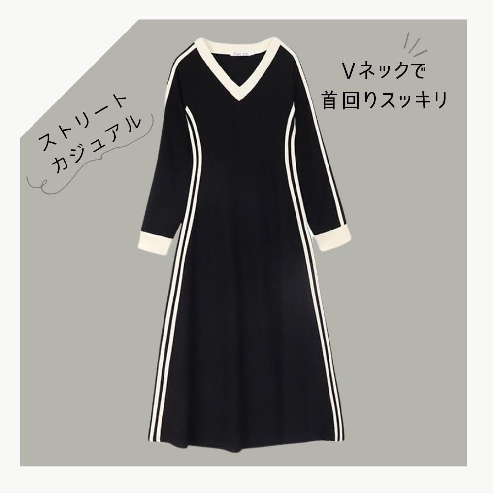 ALVEIN Long Soft Side Korean Plus Long Long Elegant Flattering Women's Dress, Lines, Stripes, Style, Casual, Sizes, Length, Sleeves, Tunic, (L)