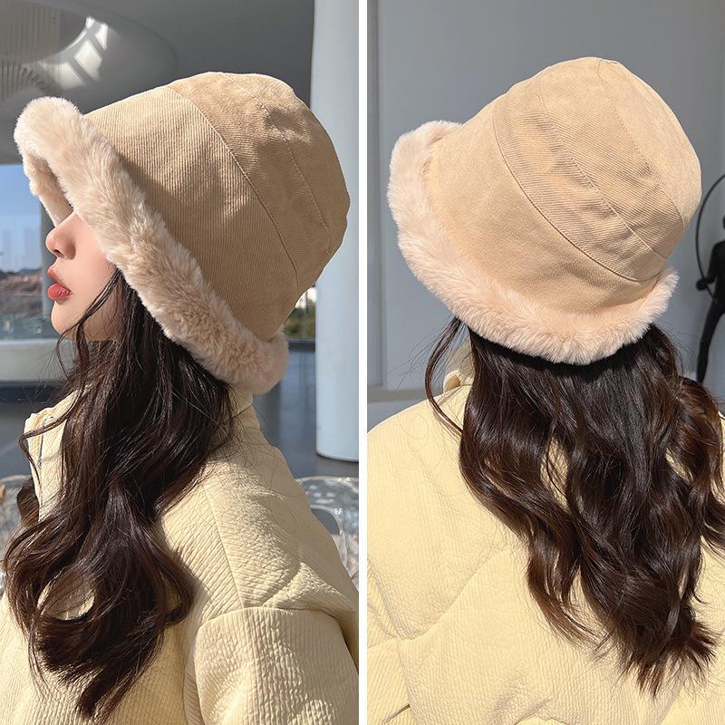 New Thickened Plush Warm Bucket Hat Women's Autumn and Winter Cold and Windproof Ear Protector Hat Winter Curling Mongolian Hat