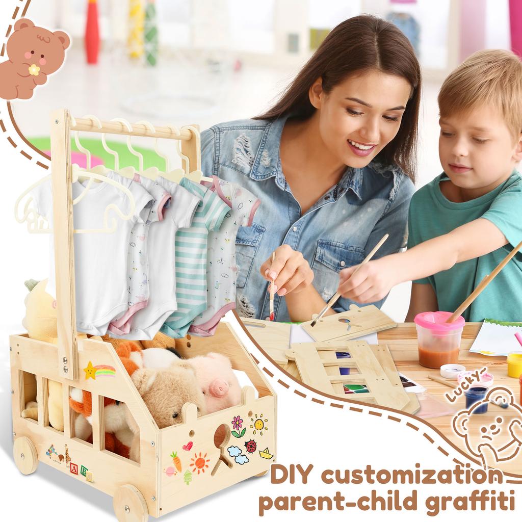 Wood Storage Crate with Wheels Baby Shower Clothing Basket Toys Organizer Box Children Long Handle Boys Girls Gift Basket