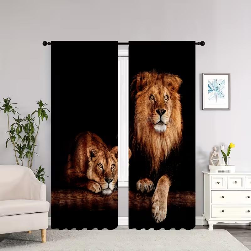 2PC Lion & Lioness Curtains - Majestic Wildlife Print Window Drapes for Living Room Bedroom Decor