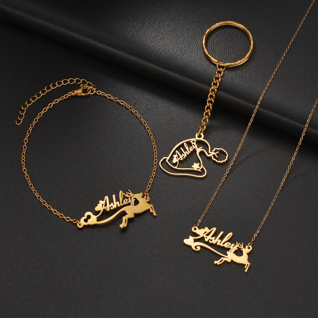 Atoztide Custom Name Jewelry Set Elk Bracelet Necklace Santa Hat Keychain Stainless Steel for Women Personalized Christmas Gifts