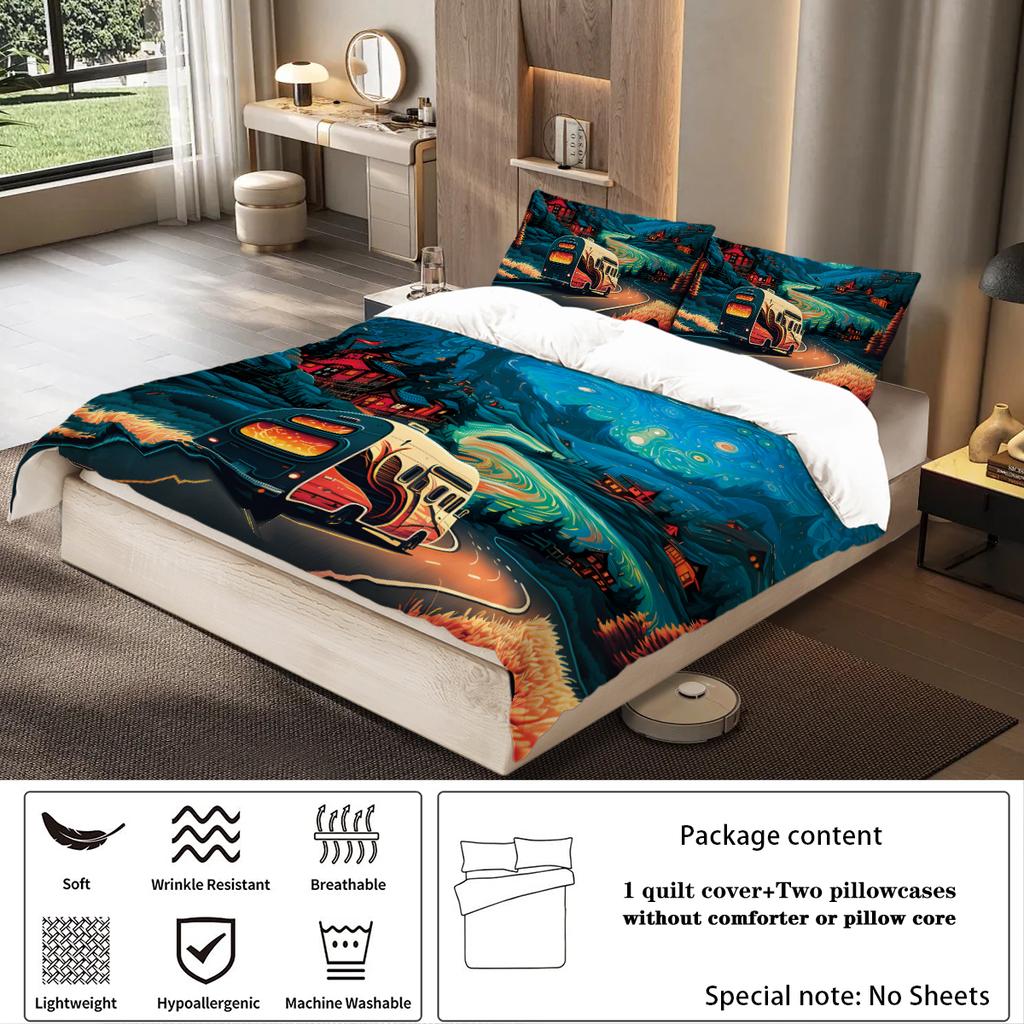 3-piece set, camping pattern printed duvet set, queen, king, double bed, party funny and creative bedding set