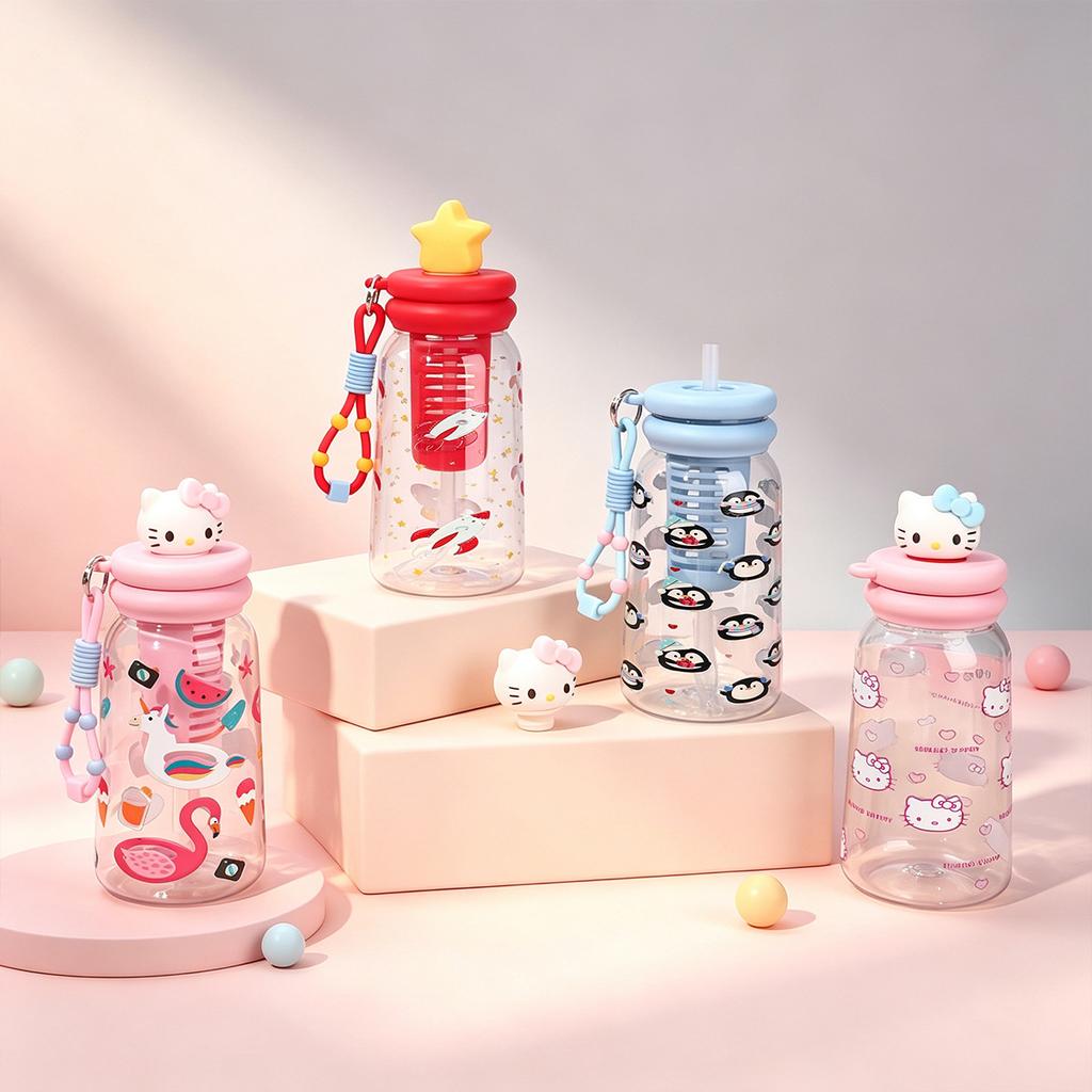 Water bottle new creative cartoon straw cup with tea partition high temperature resistant anti-drop plastic cup outdoor camping portable cup
