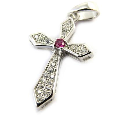 [M1765] - Pingente 'Cruz' em Prata Rubi Branco