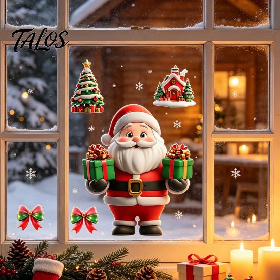 Festive Home Window Decor Christmas Static Clings, Reusable Decals with Santa Snowman Snow Storefront Holiday Ornaments House Designs, Double