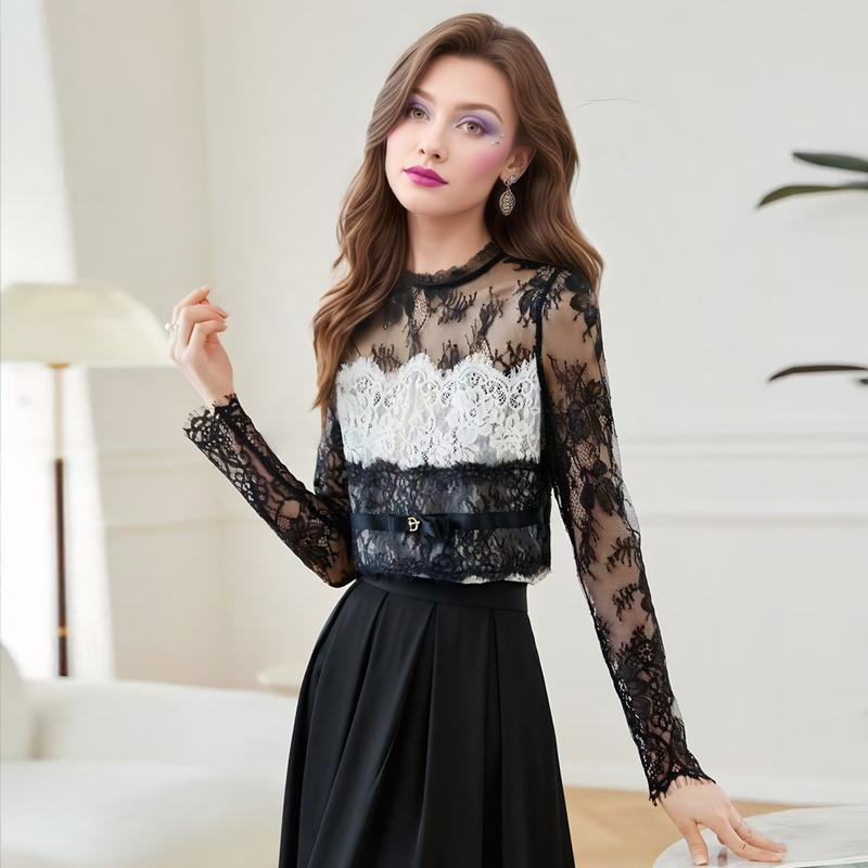 Feimengyi Women s Black Lace Slim-Fit Winter Retro Top XL (120-130 lbs) чёрный/белый