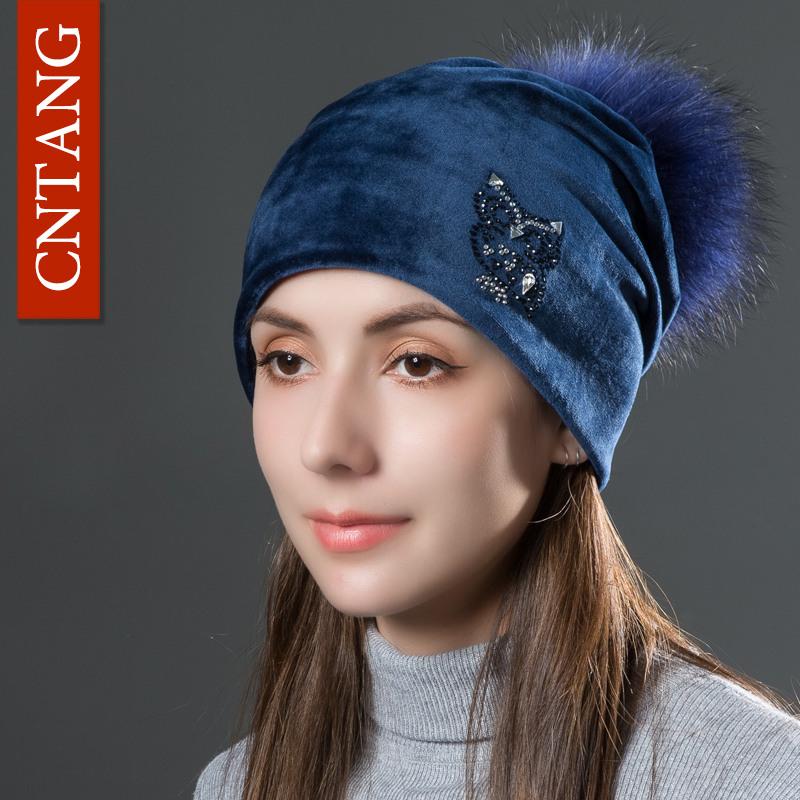 CNANG 2024 Owl Rhinestones Hats For Women Winter Warm Plus Velvet Fashion Caps With Natural Fur Pompoms Female Skullies Beanies
