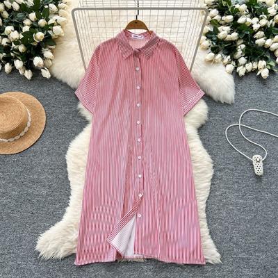 Summer Loose Short-sleeved Slimming Casual Straight Striped Shirt Dress for Women's Wear