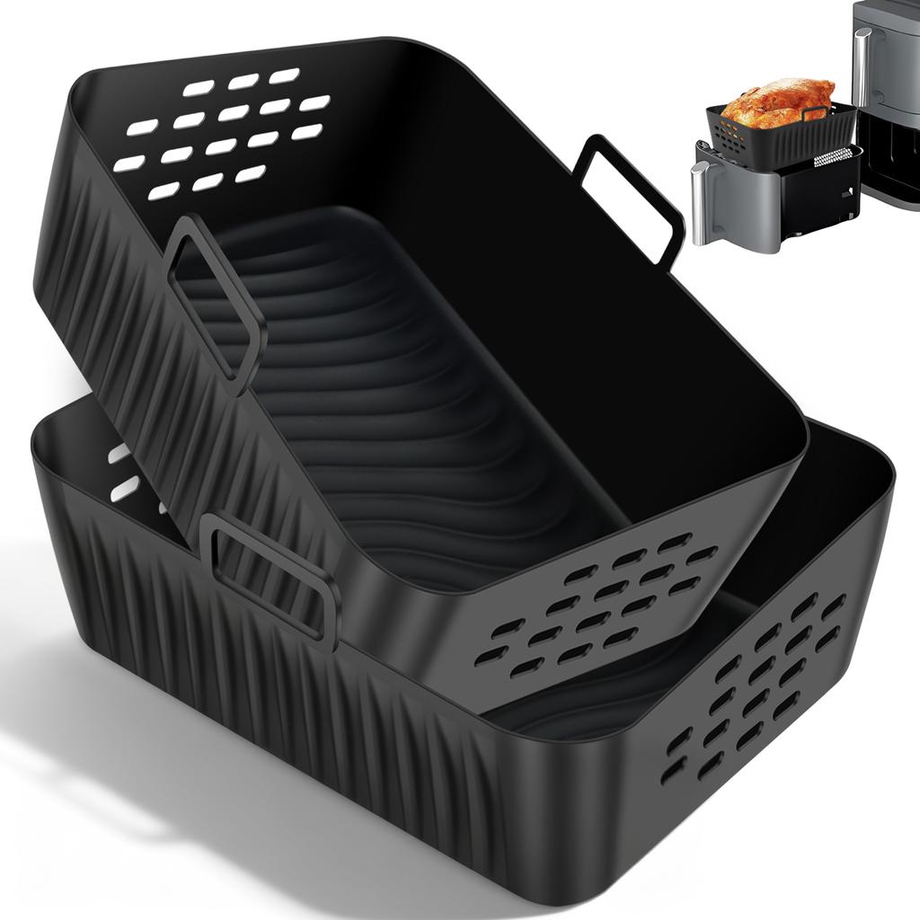2 Pcs Air Fryer Silicone Tray Double Stack Air Fryer Liner Reusable Baking Basket with Handle Silicone Baking Trays for Kitchen