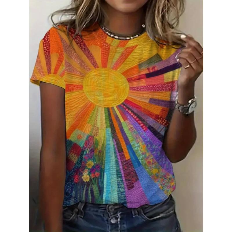 Women s Casual Crew Neck T-Shirt with Vivid Sun and Floral Print - Short Sleeve S