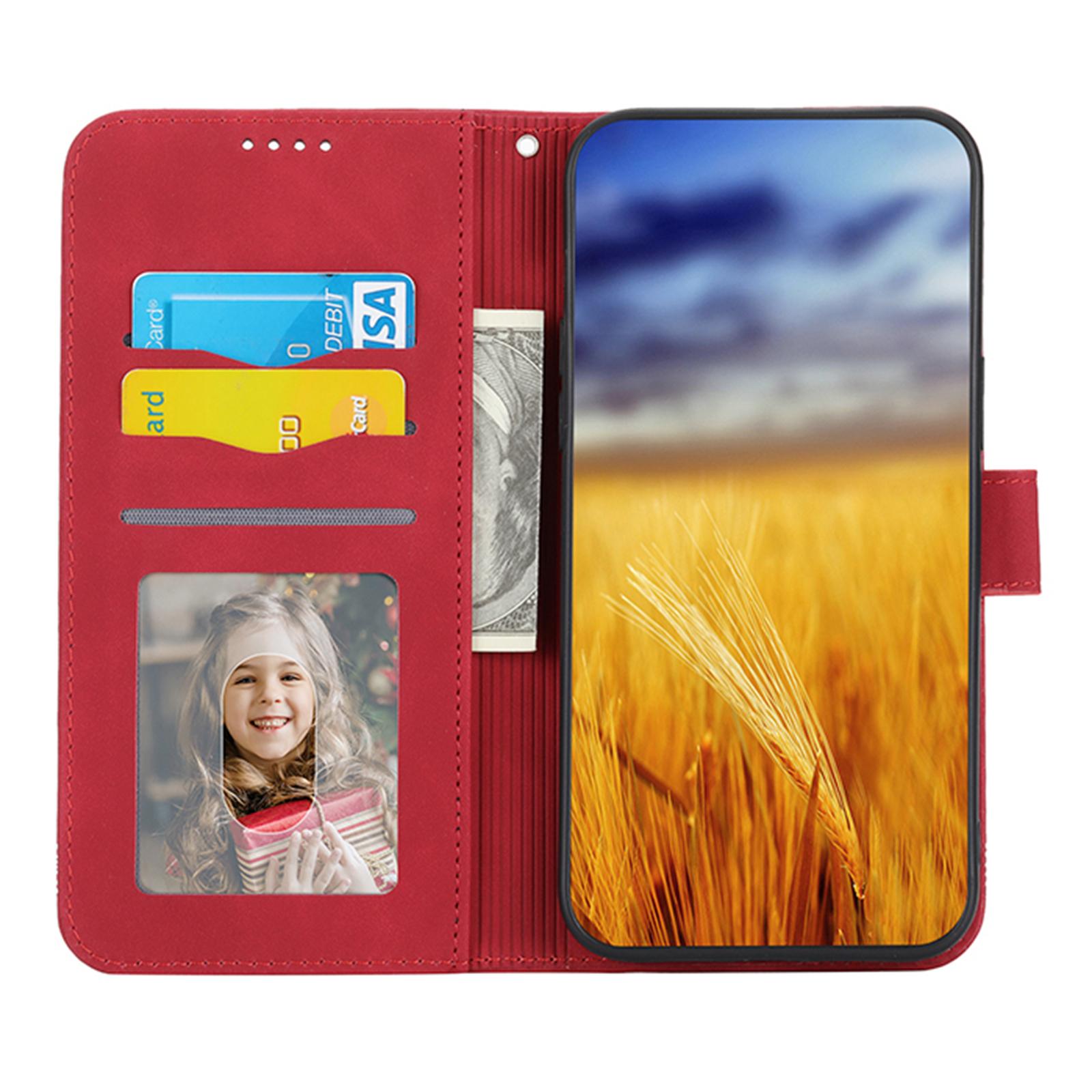 

DIERFENG DF-03 Phone Case for iPhone 7/8 4.7 inch/SE (2020)/SE (2022),Lines Imprinted Leather Protective Phone Cover Wallet Stand Red