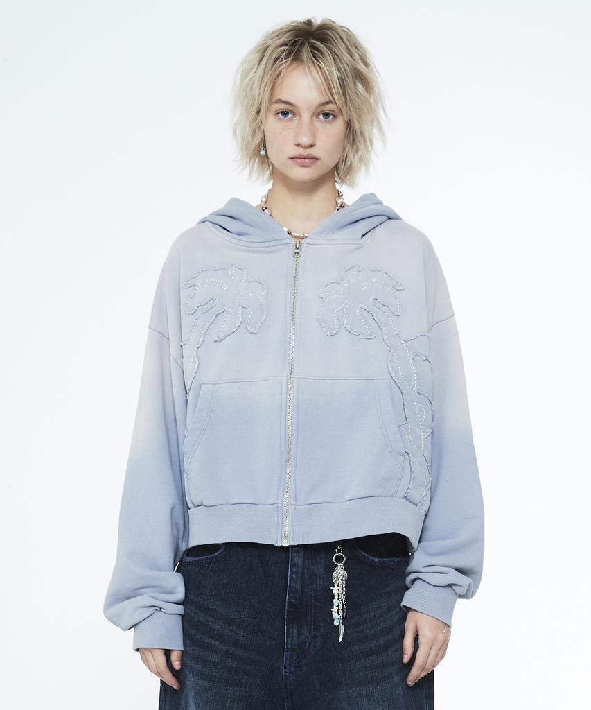 Sserpe Applique Bleach Washed Crop Zip-Up Hoodie Light Blue
