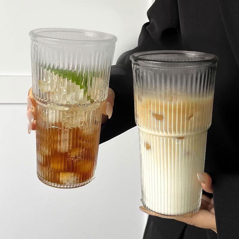 Vertical Stripe Glass Cup, Large Size with Lid & Straw - Ideal for Cold Drinks and Coffee.