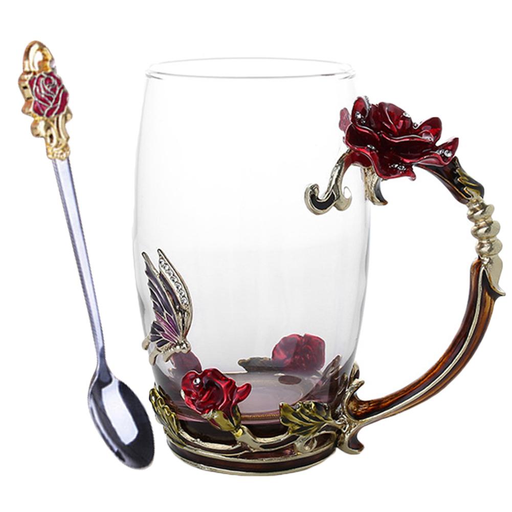 Rose Flower Cup Enamel Water Cup Heat-resistant Glass Cup Enamel Coffee Tea Cup Mug 3D Rose Butterfly Glass Cups Wedding Gift