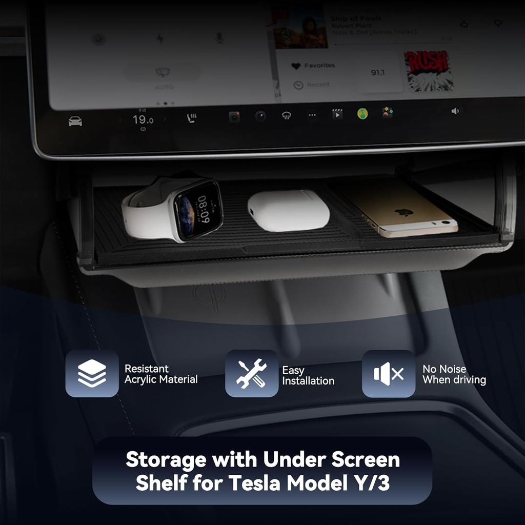 2025 Upgrade Under Screen Storage For Tesla -2025 Model Y - Model 3,Open And Close Center Console Organizer Tray With Anti-Slip Silicone Pad For