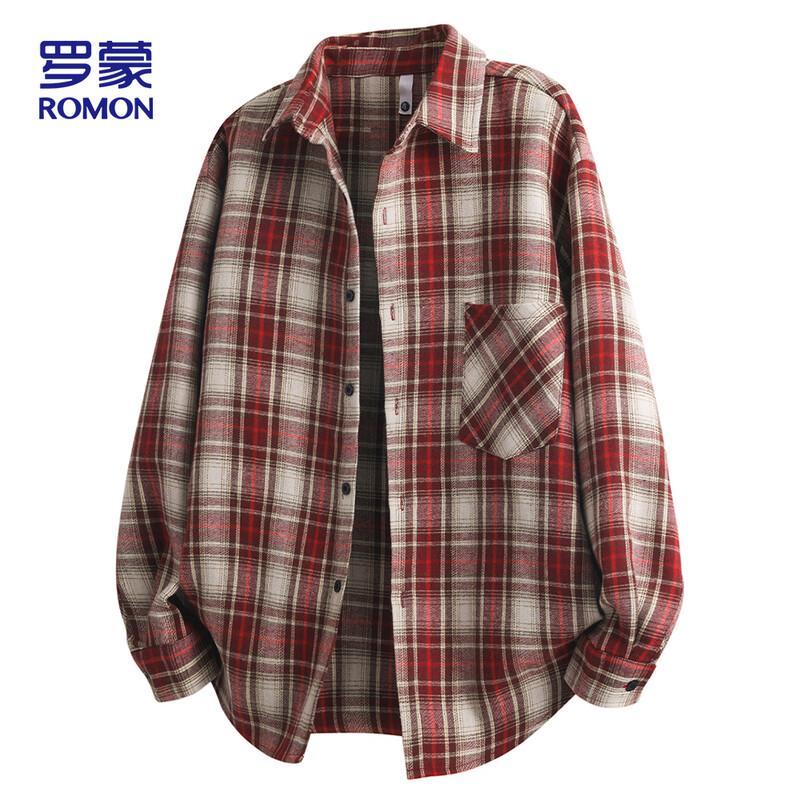 ROMON Men s Plaid Long Sleeve Casual Shirt M