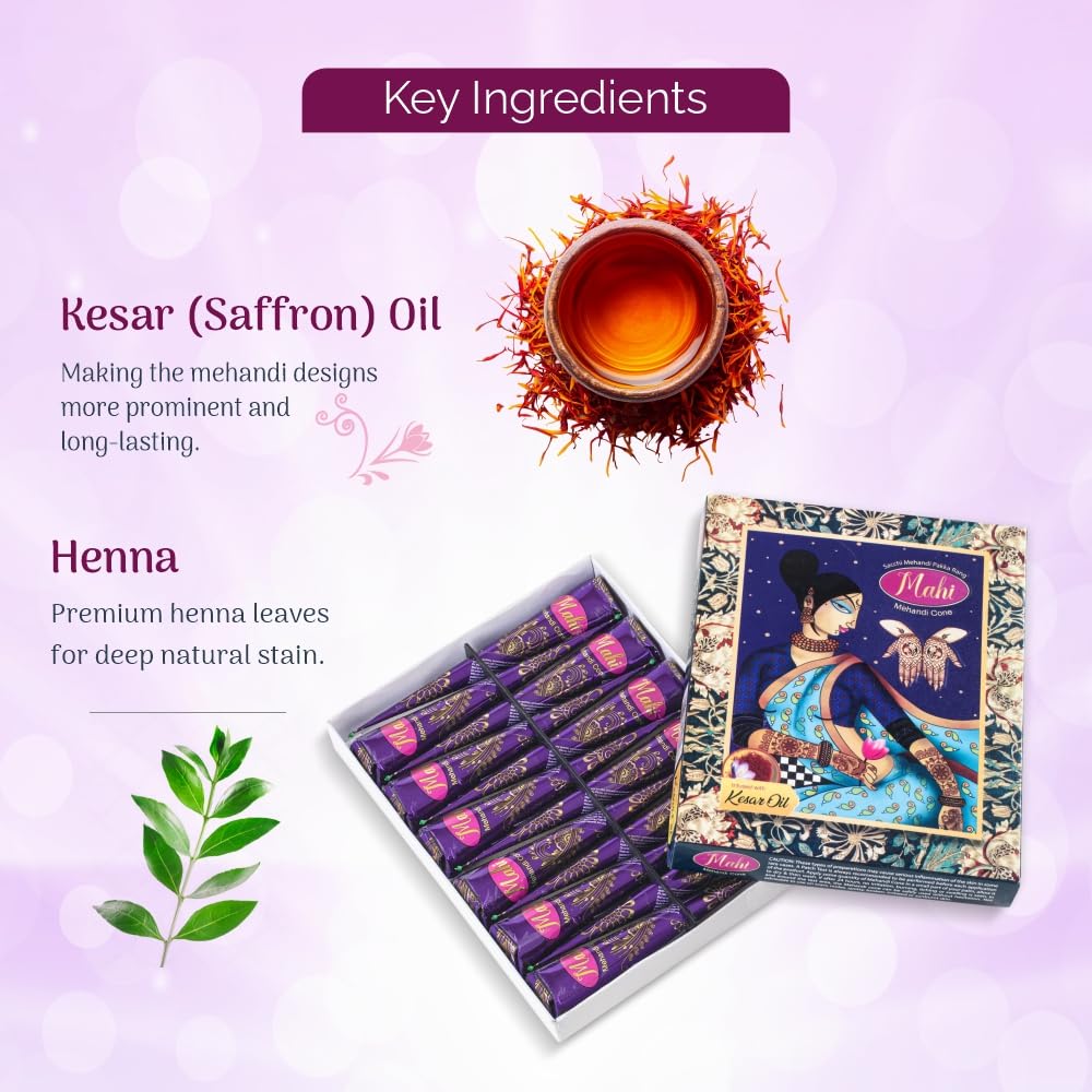 Mahi Mehandi Kegelpackung 1 Stück ( 25g X 12 Kegel) Mit Safranöl für langanhaltende dunkle Henna-Tattoo-Kunst