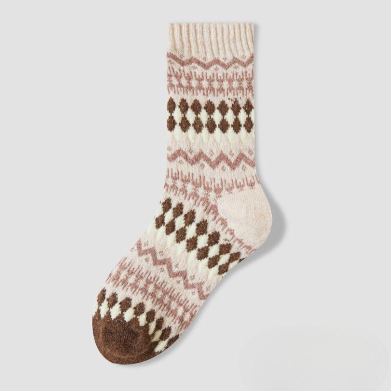 Wool Socks - Children's Vintage Fair Isle Ethnic Style Mid-length Socks for Winter, Thick and Warm Pile Socks