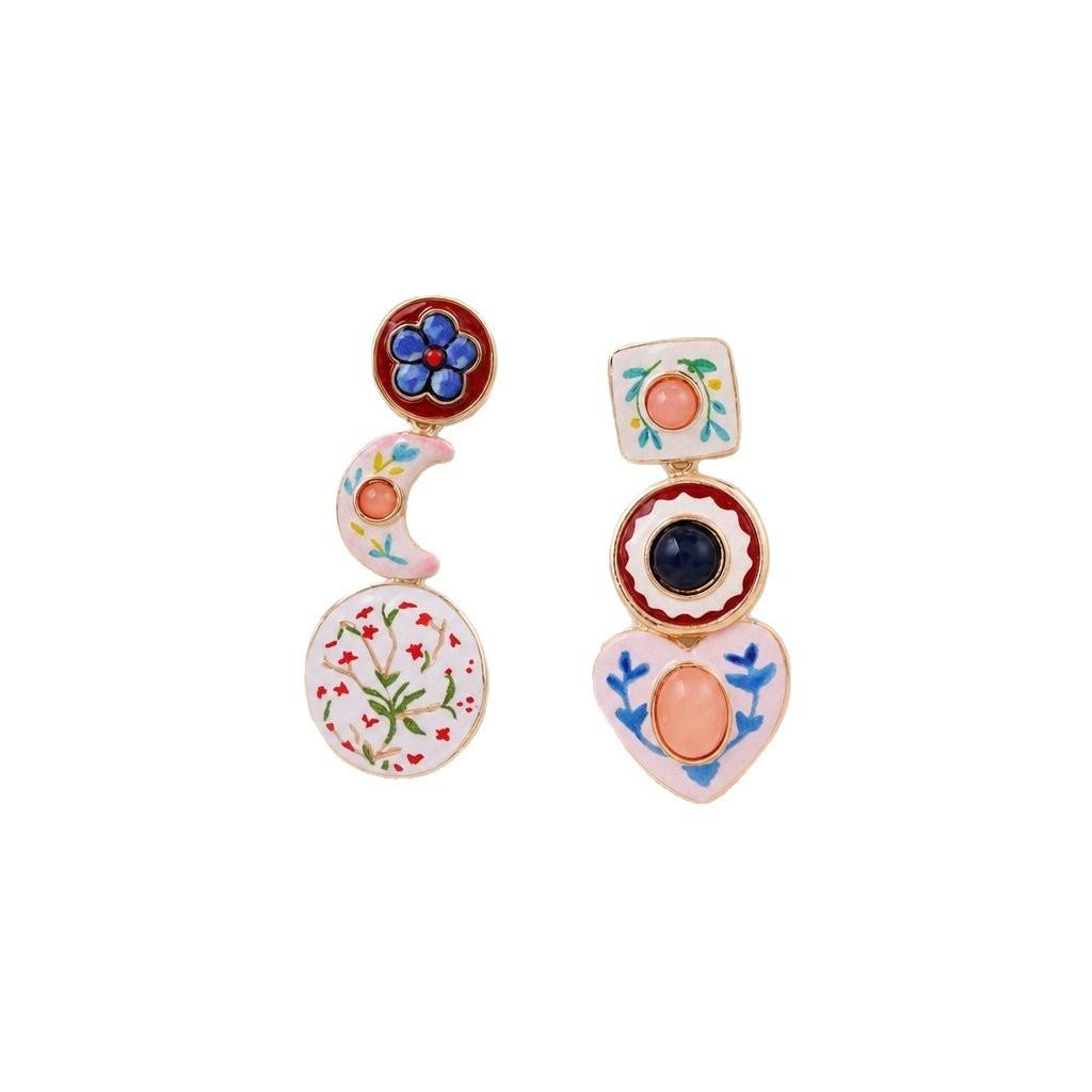 Vintage Geometric Alloy Earrings With Enamel Floral And Asymmetric Heart Design For Women