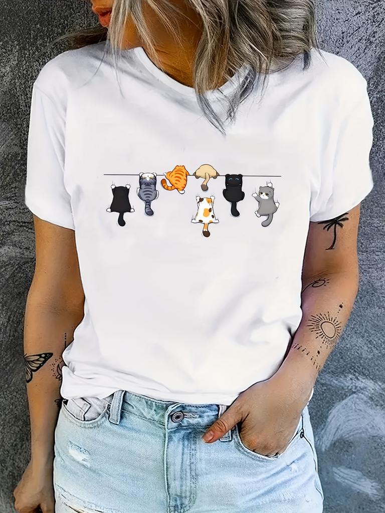 Sleeve T-Shirt for Spring & Summer Women's Clothing Cat Print Crew Neck T-Shirt Casual  Aesthetic Clothes