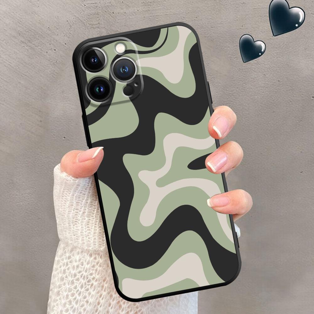 Phone Case for iPhone XR XS X 13 Mini SE 7 8 6S 11 Pro Max 12 14 Plus Swirl Abstract Pattern In Beige And Sage Coque Black